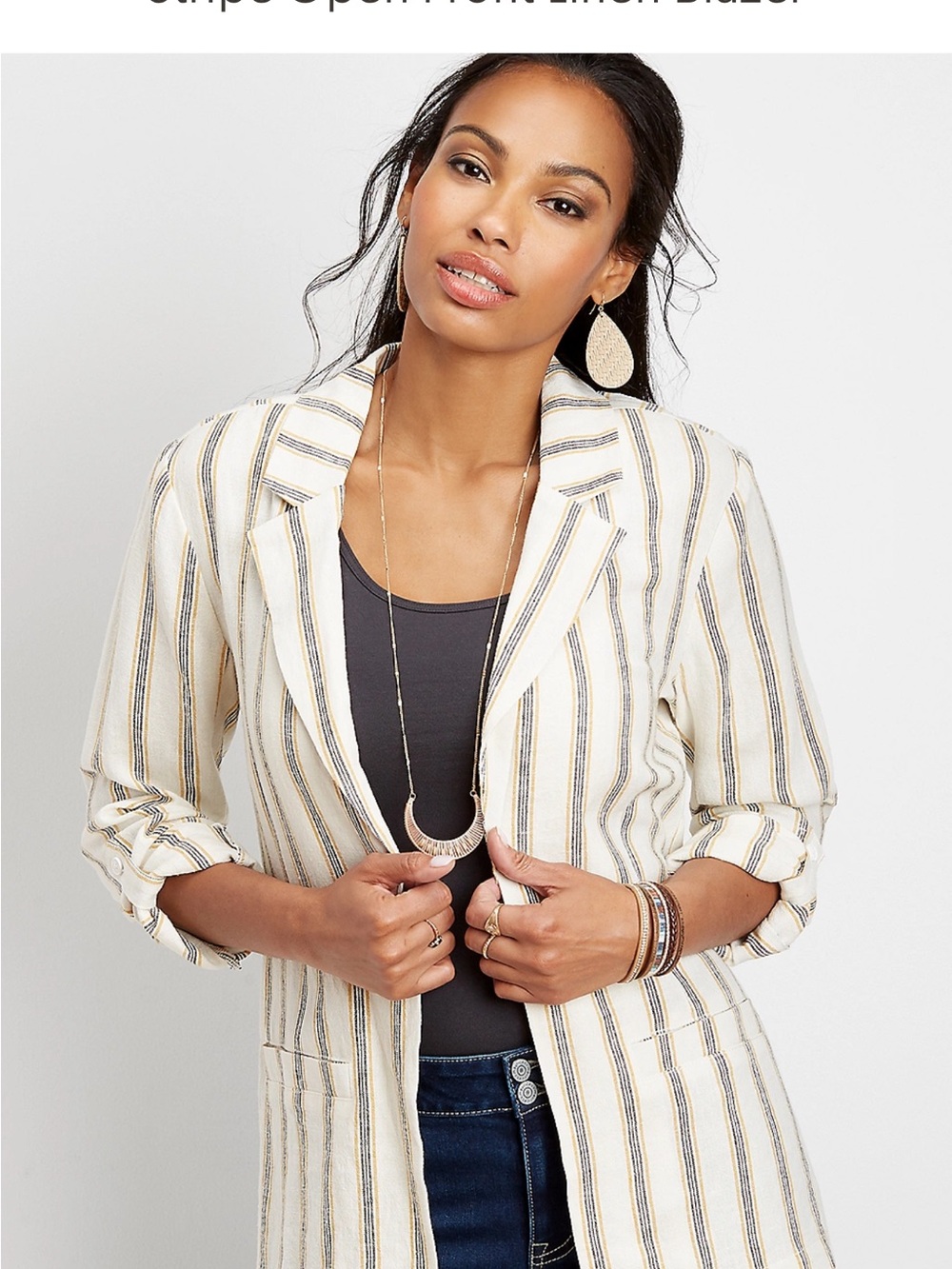Maurices Striped Open-Front Linen Blend Blazer - Cream/Black